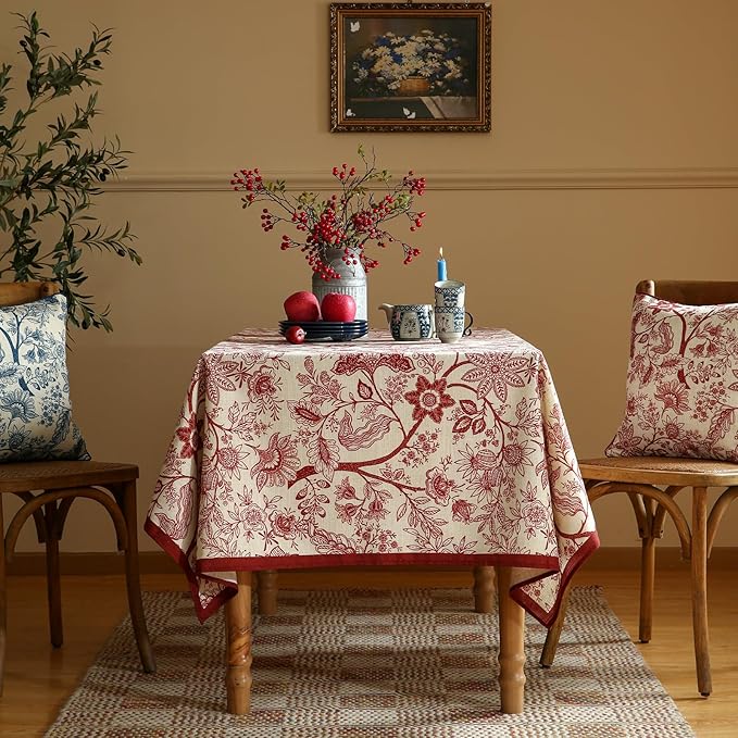 ISAENNE Designer French Linen Small Square Tablecloth,Red Floral Washable Indoor Table Cloth,Durable Home Decor Tablecloths for Dining Thanksgiving Kitchen Tea Party Christmas,55"*55"-Ruyi A