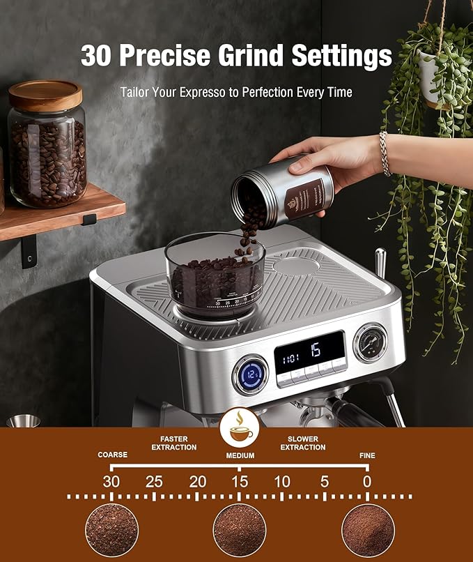 Kndko Double Boiler Espresso Machines with Built-in 30 Grind Settings, 20 Bar Stainless Steel Coffee Maker with Milk Frother Steam Wand, Barista Espresso Maker for Home Cappuccino Latte & Americano