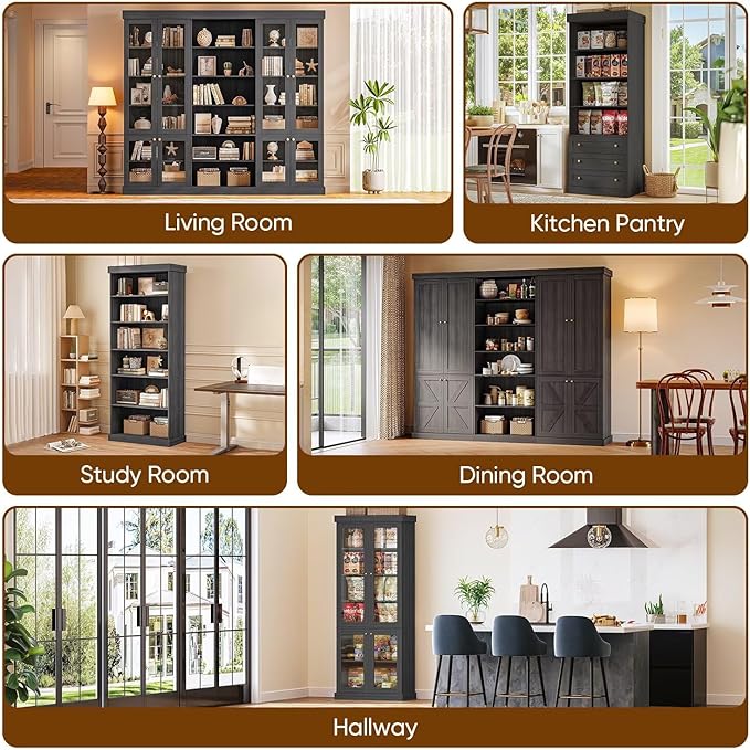 70.8" Tall Black Bookshelf, Farmhouse Modular Bookcase with 6-Tier Adjustable Shelves, Large Storage Cabinet for Home Office, Living Room, Set of 3