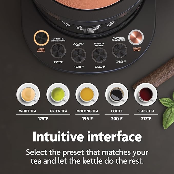 Vianté Luxury Tea Set. Electric Kettle with Infuser for Loose Leaf And Ceramic Serving Set. Teapot and Cup Set with Wooden Tray. Excellent Gift Idea For Tea Lovers.