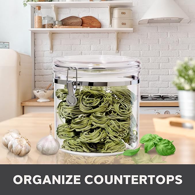 Oggi Jumbo Clear Canister with Clamp Lid, 150 oz - Airtight Food Storage Container, for Kitchen & Pantry Storage of Bulk, Dry Foods Including Pasta, Flour, Sugar, Coffee, Rice, Tea, Spices & Herbs