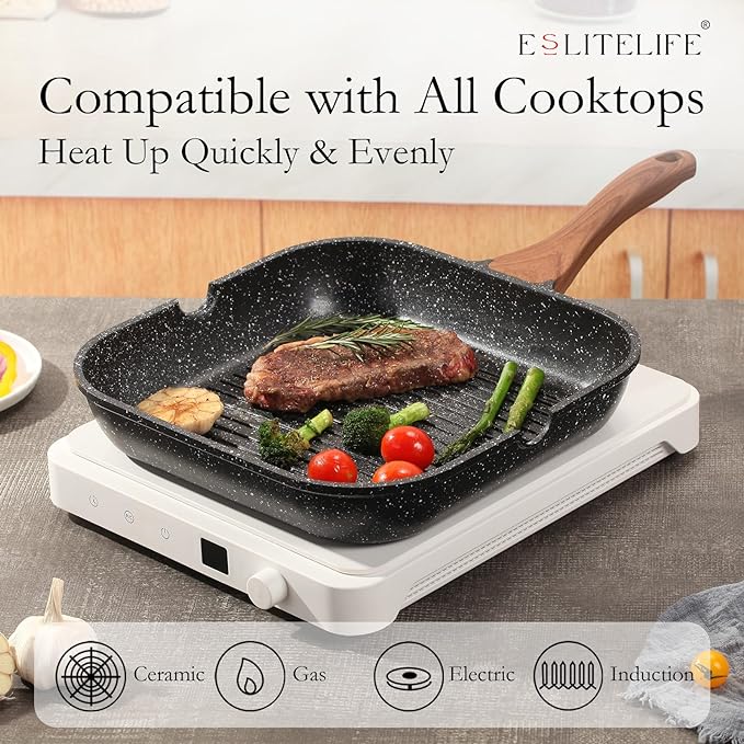 ESLITE LIFE 9.5 Inch Nonstick Grill Pan with Lid for Indoor Cooking, Versatile Induction Square Large Grilling Skillet Steak Pan for Stove Tops, PTFE & PFOA Free, Black