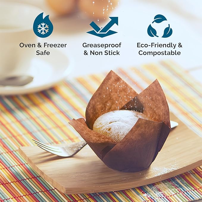 Tulip Cupcake & Muffin Liners – 50gsm Medium Floral Baking Cups – 267 Pcs Natural & Non Toxic Paper Wrappers for Wedding, Bakery, & Party Supplies, Brown, by BHI Packaging