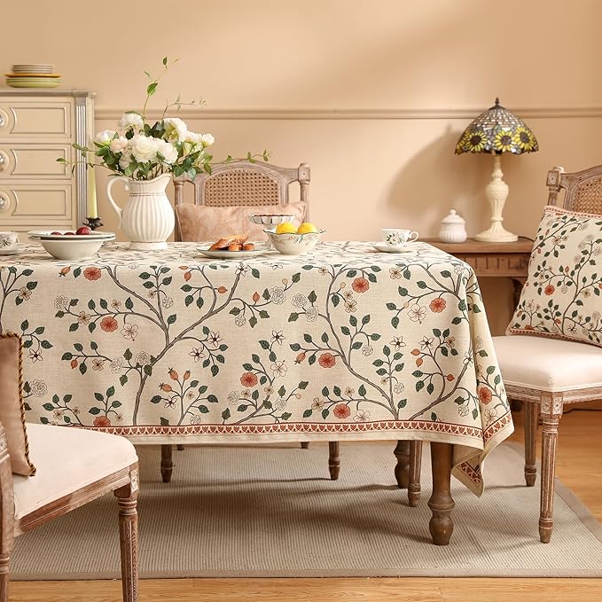 ISAENNE Designer Floral Square Tablecloth,French Linen Light Beige Indoor Table Cloth,Fall Wrinkle Resistant Home Decor Tablecloths for Dining Thanksgiving Kitchen Party,67"*67"-Flora A