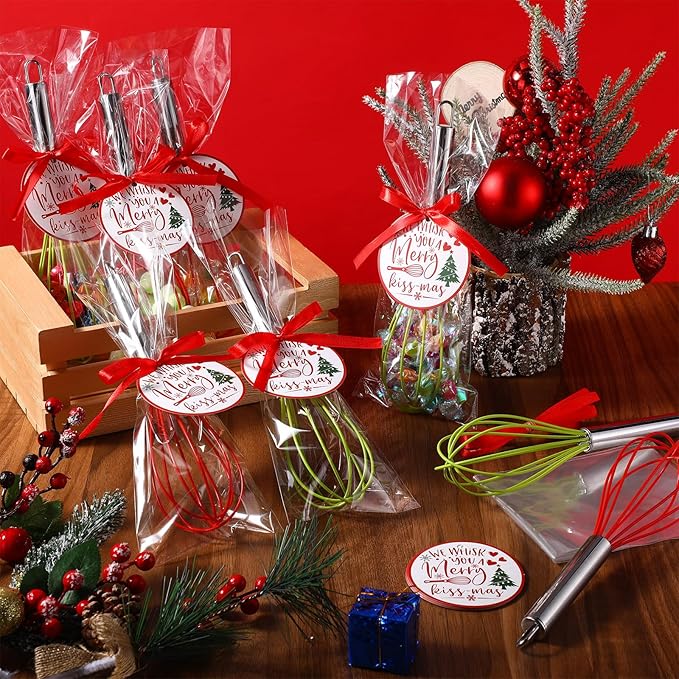 72 Sets 10 Inch Christmas Whisks Gifts DIY Fillable Christmas Tree Ornaments Xmas Colored Silicone Whisks for Cooking Heat Resistant Egg Beaters with Card Rope Bag for Candy Holder