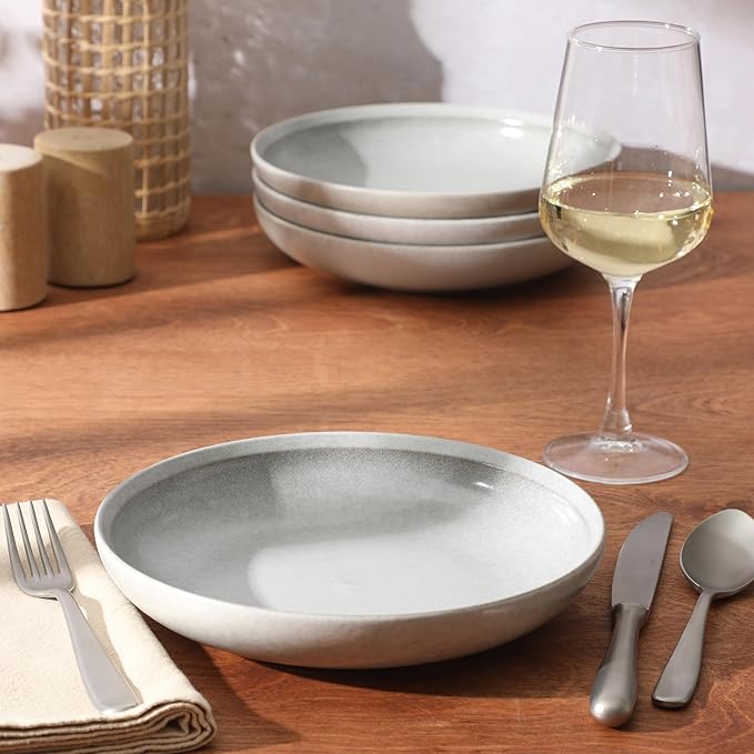 Gibson Elite Beckett 4-Piece Ash White Dinner Bowl Set – Reactive Glaze Stoneware – Shallow Pasta Bowls – Round Wide-Rim Design – Microwave & Dishwasher Safe