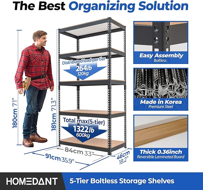 HOMEDANT 5 Tier Laminated Boltless Metal Shelving Unit Adjustable Garage Storage Utility Rack Heavy Duty Shelves Organization Multipurpose Shelf Warehouse Pantry Shed 35.9" W x 18.2" D x 71.3" H 4Pack