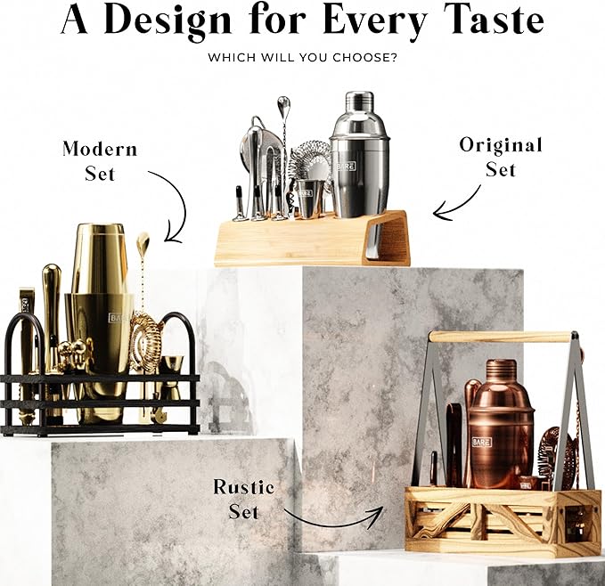 BARE BARREL® Mixology Bartender Kit Bar Set | 14-Piece Cocktail Shaker Set | Martini Barware Mixing Tools for Home Bartending | Incl. 35 Recipe Cards | Gift Set (24oz Cobbler Shaker, Copper/Black)