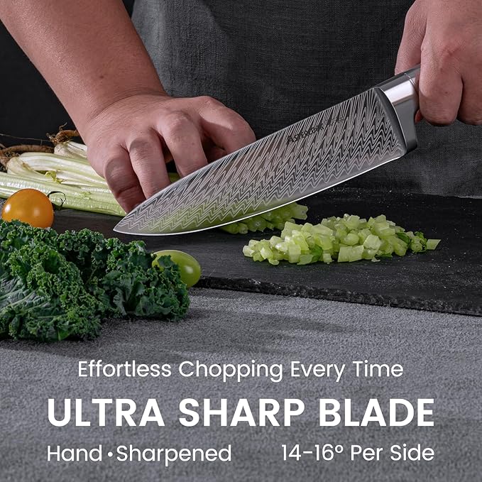 Knife Set, Astercook 15 Pieces Kitchen Knife Set with Built-in Sharpener, German Stainless Steel Knife Block Set, Razor-Sharp Knives with Full-tang Handle, Dishwasher Safe, Silver