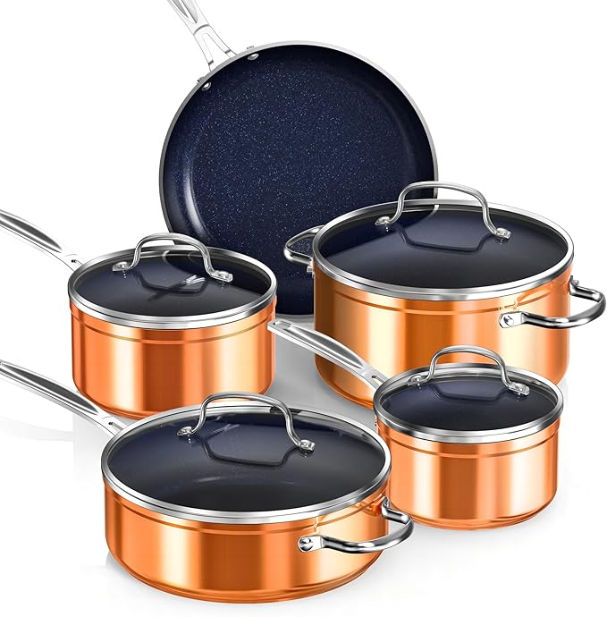 Nuwave Healthy Duralon Blue Ceramic Nonstick Coated 9pc Cookware Set, Scratch-Resistant Diamond Infused, PFAS Free, Induction Ready & Evenly Heats, Oven Safe, Tempered Glass Lids