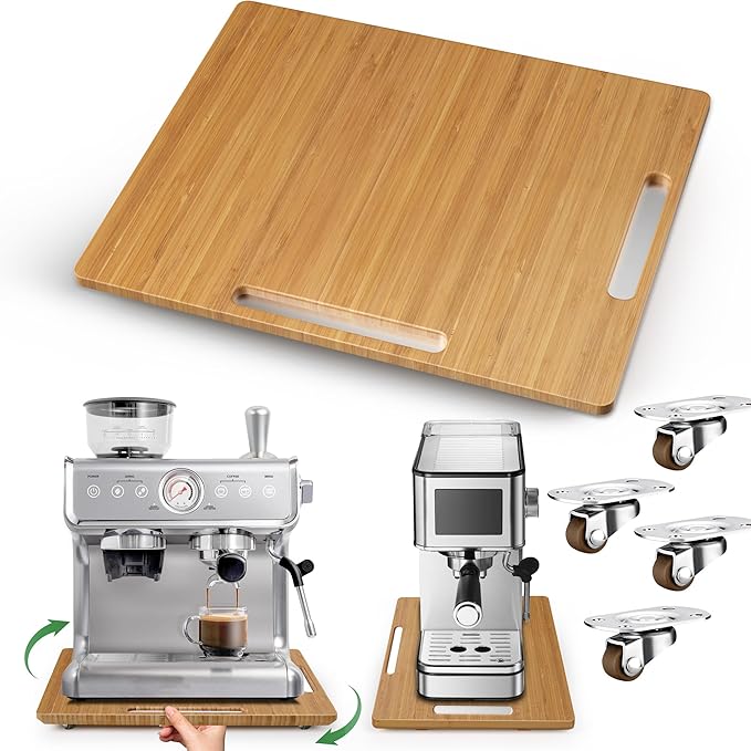 Joy&Grace Appliance Slider for Kitchen Appliances 360° Rolling Sliding Tray for Coffee Maker Countertop, Bamboo Coffee Pot Slider Rolling Tray (Natural, Large 16"x13")
