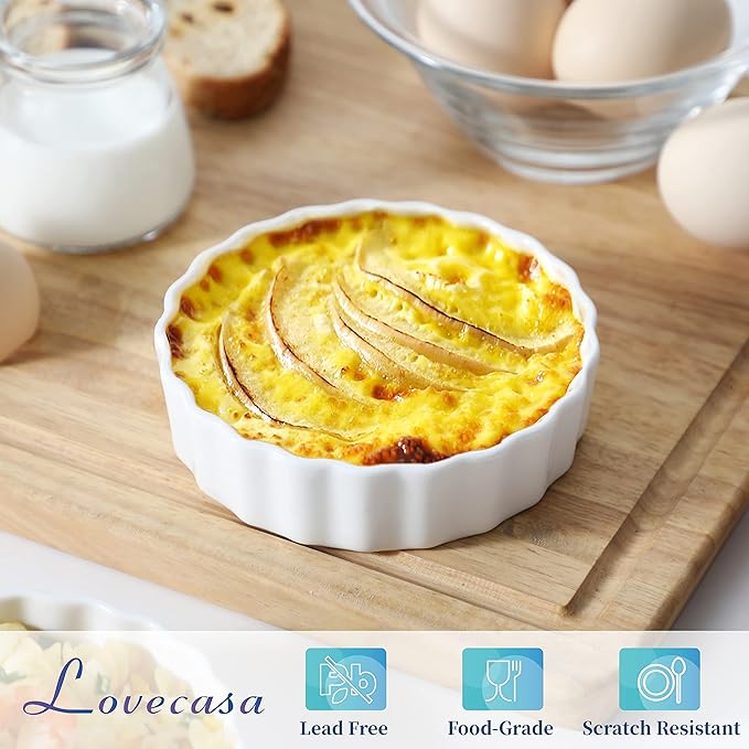 LOVECASA Porcelain Ramekins 8 Oz Oven Safe Set of 6 - Shallow Creme Brulee Dishes for Baking, Soufflés, Custards, Fluted Quiche Pans, Chip-Resistant & Stackable, White