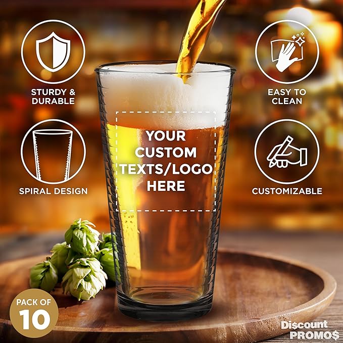 Custom Spiral Pint Glass 16 oz. Set of 10, Personalized Bulk Pack - Beer Glasses, Heavy Duty Drinkware - Black