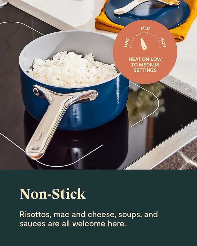 Caraway Nonstick Ceramic Sauce Pans with Lids (3 qt & 1.75 qt) - Non Toxic, PTFE & PFOA Free - Oven Safe & Compatible with All Stovetops (Gas, Electric & Induction) - Cream
