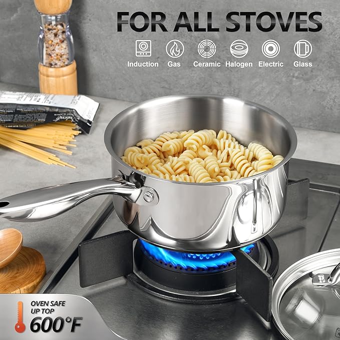 MICHELANGELO Saucepan Set 4pc, 18/10 Stainless Steel Sauce Pan with Lid, Tri-Ply Bottom Sauce Pot Set, Nonstick Saucepan, Dishwasher Safe, 1QT & 2QT