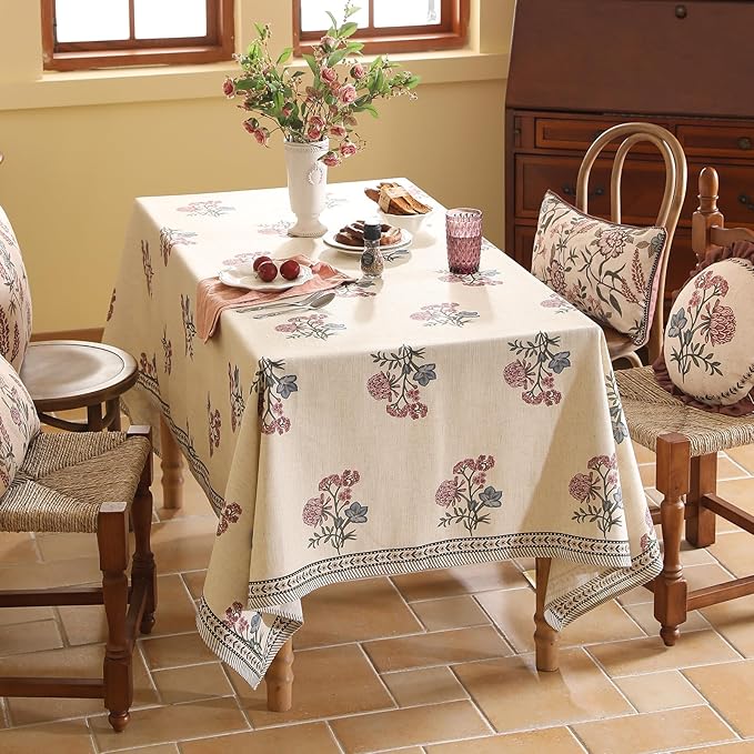 ISAENNE Designer Linen Light Beige Extra Long Table Cloth Rectangle,French Colorful Floral Tablecloth,Stain Resistant Decor Tablecloths for Dining Thanksgiving Kitchen,67"*118"-Helena E