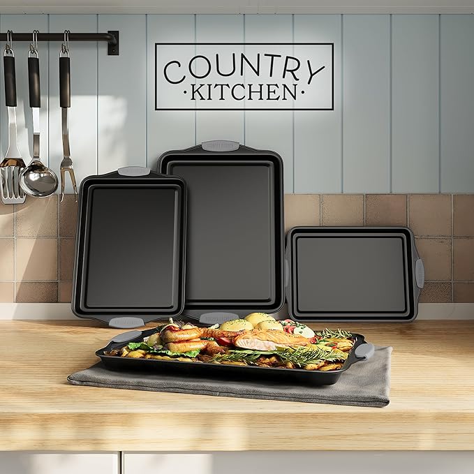 Country Kitchen Nonstick Stackable Bakeware Set - Heavy Duty, Durable, Easy Release Baking Set, Grey, 4 Pcs
