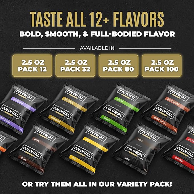 Colonial Coffee 32 Count Single Pot Coffee Packets – 100% Arabica Vanilla Flavored Medium Roast | Pre-Measured Frac Packs for 12 Cup Maker | Bulk Ground Gourmet Coffee for Home & Office