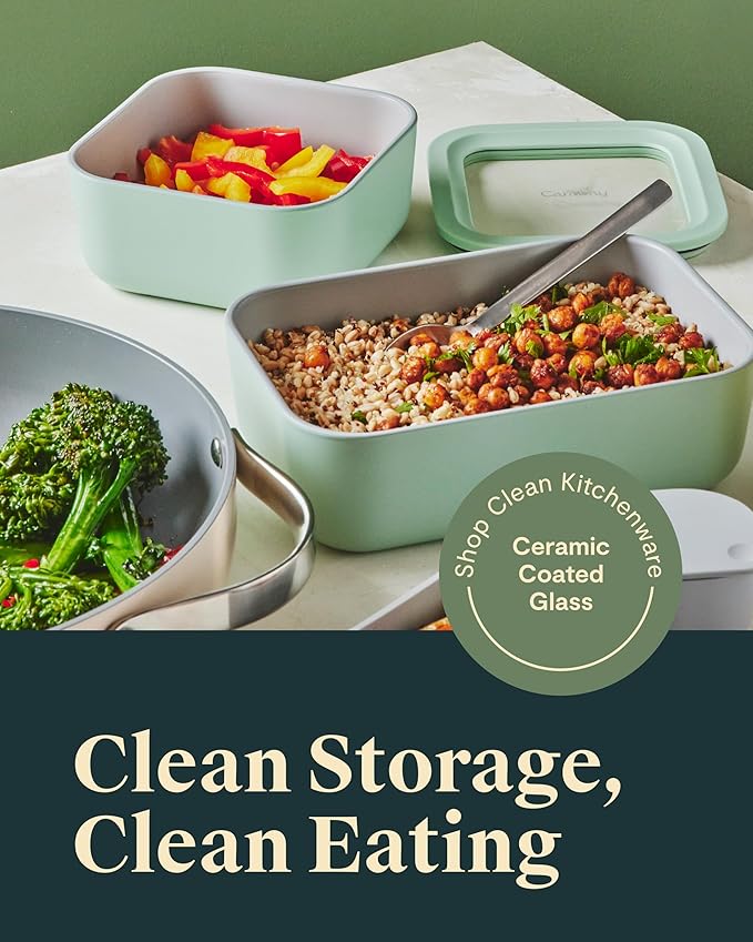 Caraway 3pc Glass Food Storage Set – 10 Cup, 6.6 Cup, & 4.4 Cup Food Containers - Ceramic Coated - Non Toxic Non Stick Lunch Box with Glass Lids - Dishwasher, Oven, & Microwave Safe - Sage