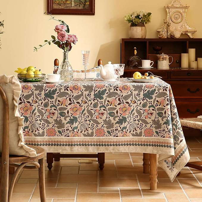 ISAENNE Designer Boho Floral Square Tablecloth,Linen Lotus Flower Pattern Colorful Indoor Table Cloth,Durable Decor Tablecloths for Dining Thanksgiving Kitchen Christmas,67"*67"-Hazel A