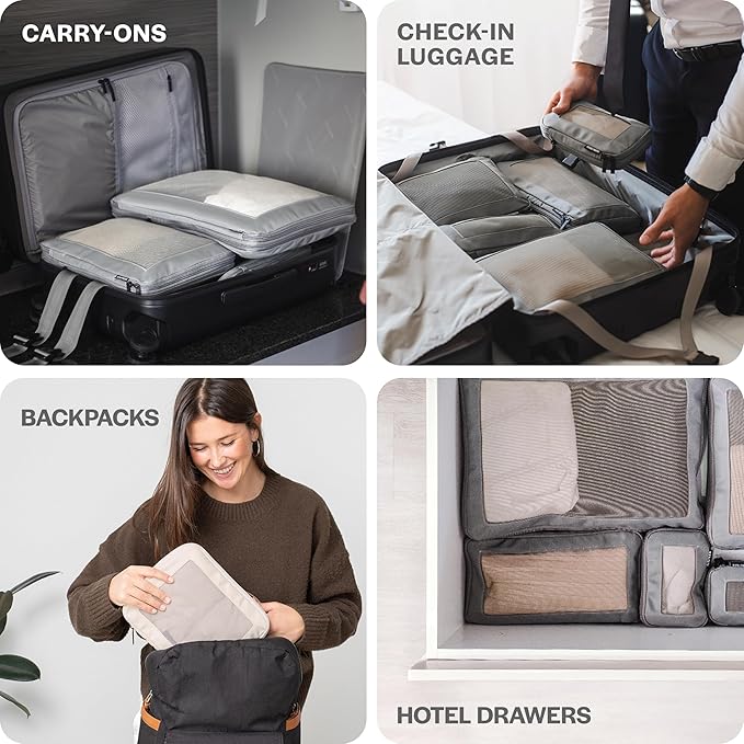 Aerotrunk Compression Packing Cubes for Travel - Luggage Organizer Bags - Double Zipper Packing Cubes for Suitcases (6-Pack, Black)