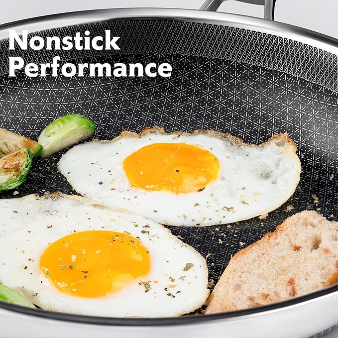 Frying Pan with Lid, 10 Inch Hybrid Non Stick Stainless Steel Skillets, Dishwasher Induction Oven Broiler Safe, Non Toxic Chef's Pan, PFOA Free Cookware