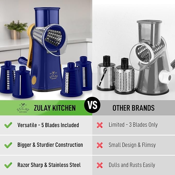 Zulay Kitchen Rotary Cheese Grater 5 Blade Cheese Shredder - Manual Hand Crank Cheese Grater With Reinforced Suction & 5 Interchangeable Drums - Easy to Use, Vegetable Chopper Round Mandoline Slicer