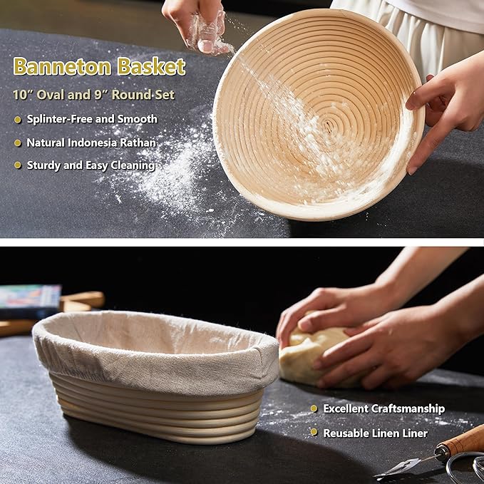 Sourdough Bread Baking Set, 10 Inch Oval & 9 Inch Round Banneton Bread Proofing Baskets with Linen Liner, Silicone Bread Sling, Danish Dough Whisk, Dough Scraper Kit, Silicone Brush & Spatula