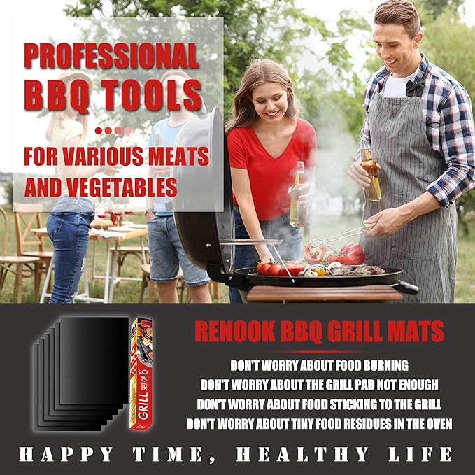 Renook Grill Mat Set of 6-100% Non-Stick Reusable Mats for Gas, Charcoal or Electric Grills - Easy to Clean - 15.75 x 13-Inch, Black