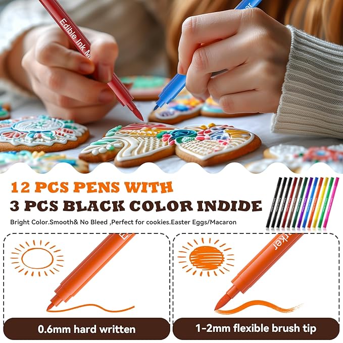 Jewem Edible Markers for Cookie Decorating,12Pcs Food Coloring Pens, Double Side Food Grade Pens with Fine & Thick Tip for Decorating Fondant, Cakes, Cookies, Easter Eggs, Frosting, Macaron, Halloween, Christmas