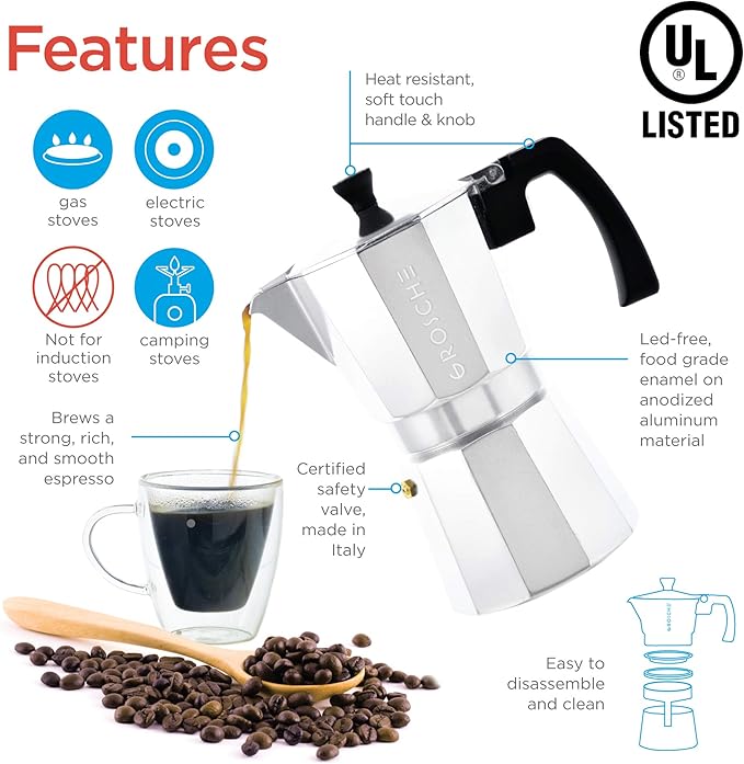 GROSCHE Milano Stovetop Espresso Maker Moka Pot 6 espresso Cup - 9.3 oz, Silver - Cuban Coffee Maker Stove top coffee maker Moka Italian espresso greca coffee maker brewer percolator