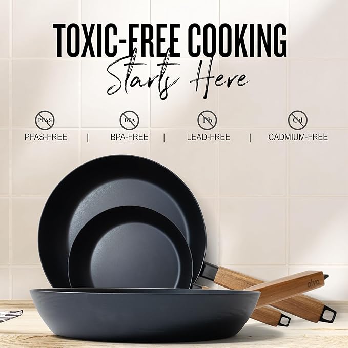 Alva Forest 9.5" Carbon Steel Frying Pan – Naturally Nonstick, Pre-Seasoned, with Acacia Wood Handle, Made Without PTFE, PFOA, PFAS – Sustainable Belgian Design, Induction & All-Stovetop Safe