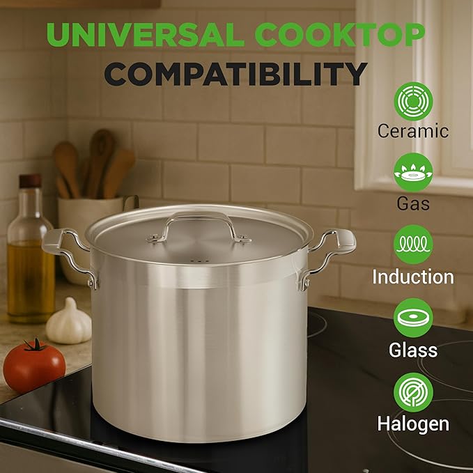NutriChef 16-Quart Stainless Steel Stockpot - 18/8 Food Grade Heavy Duty Large Stock Pot for Stew, Simmering, Soup, Includes Lid, Dishwasher Safe, Works w/Induction, Ceramic & Halogen Cooktops