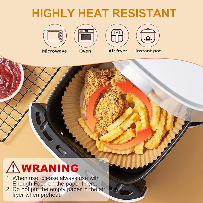 Vailnd Disposable Air Fryer Paper Liners, 9 Inch Max Xl Large Cooker Airfryer Parchment Paper Liners, 100Pcs Oil Proof Round Basket Bowl Liner Baking Paper for 8-12 QT Air Fryer Microwave