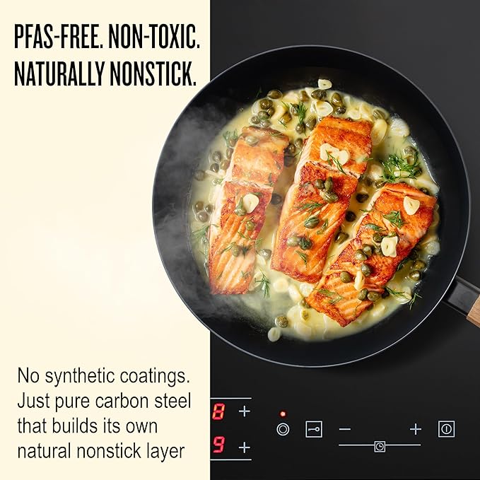 Alva Forest 8" & 11" Carbon Steel Frying Pan Set – Naturally Nonstick, Pre-Seasoned, with Acacia Wood Handle, Made Without PTFE, PFOA, PFAS – Sustainable Belgian Design, Induction & All-Stovetop Safe