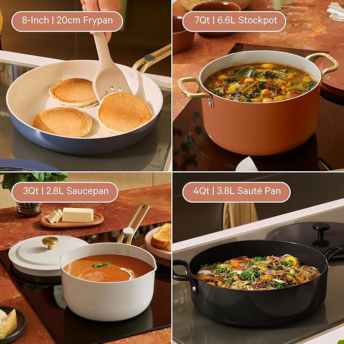 Our Place 11-Piece Essentials Complete Cookware Set - Ceramic Fry Pan, Saucepan, Sauté Pan, Stock Pot, Strainer Basket & Rack Storage | Thermakind™ Nonstick, Oven Safe up to 450°F | Cream