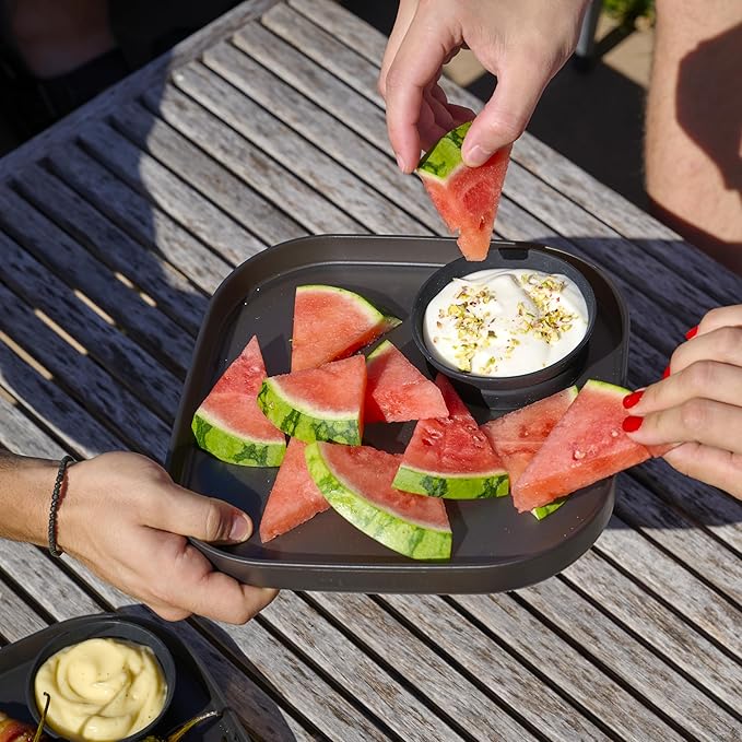 madesmart Dipware Reusable Dining Plate/Serving Tray for Appetizers and Snacks, Food-Safe Appetizer Serving Platter with Removable Dip Bowl, Carbon (Pack of 6)