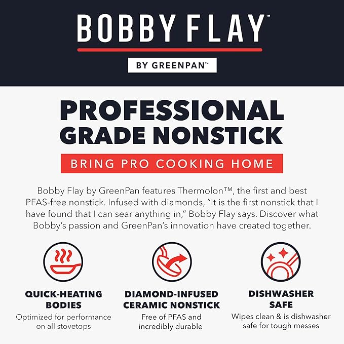 GreenPan x Bobby Flay 12" Nonstick Frying Pan Skillet, PFAS-Free Diamond Ceramic, Induction Suitable, Stay-Cool Silicone Handle, Easy Clean Dishwasher & Oven Safe, Egg & Omelet Pan, Cream