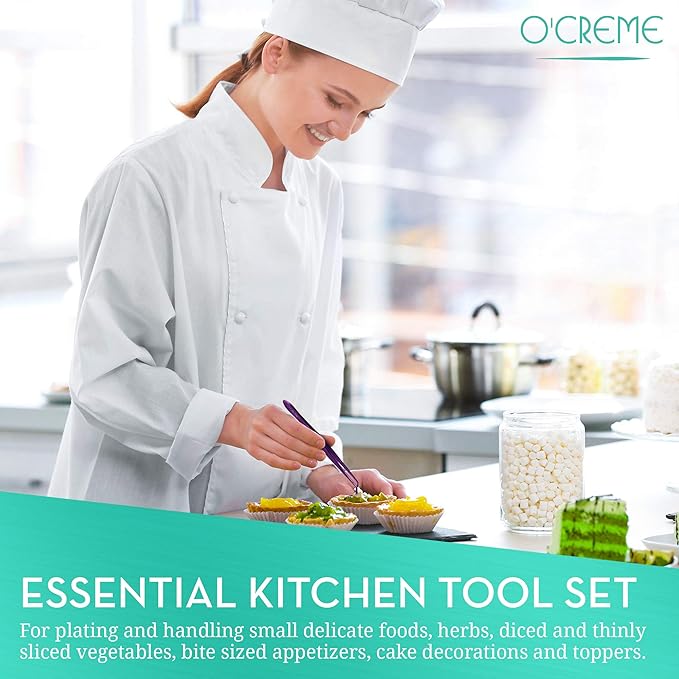 O'Creme Purple Stainless Steel Precision Kitchen Culinary Fine-Tip Tweezer Tongs, 1 Curved and 1 Straight