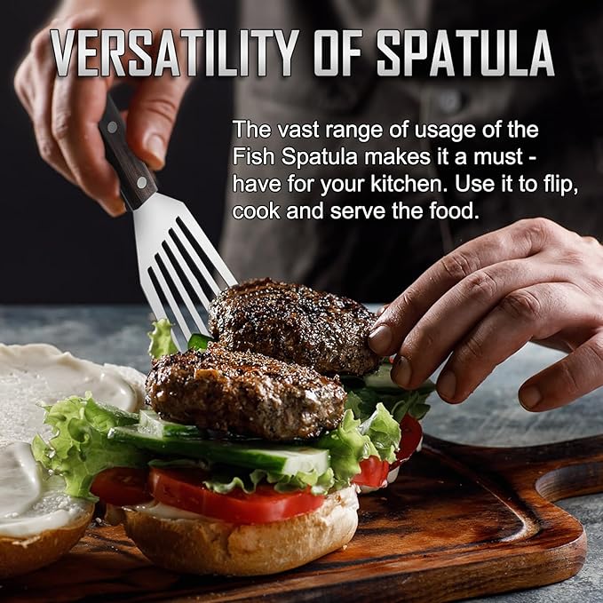 2 Pack Fish Spatula Stainless Steel, Flexible Fish Turner Spatula Perfect for Flipping Eggs, Burgers and Baking, Durable Lightweight Metal Kitchen Slotted Turner for Cooking & BBQ [Wooden Handle]
