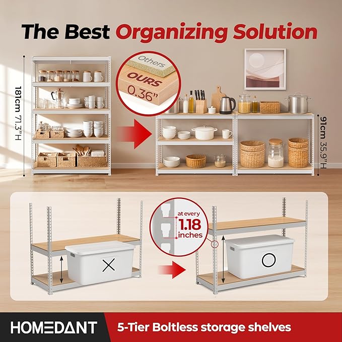 HOMEDANT White 5 Tier Laminated Boltless Heavy Duty Garage Storage Adjustable Wide Size Metal Shelving Unit Utility Rack Shelves Organization Shelf Shed Warehouse 47.7" W x 24.1" D x 71.3" H 4Pack