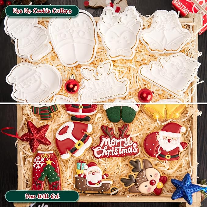 Flycalf Christmas Cookie Cutters Santa with Plunger Stamps Holiday PLA Baking Accessories Cutter Molds Gifts Decorative Party 3.5" Kitchen Cake Supplies