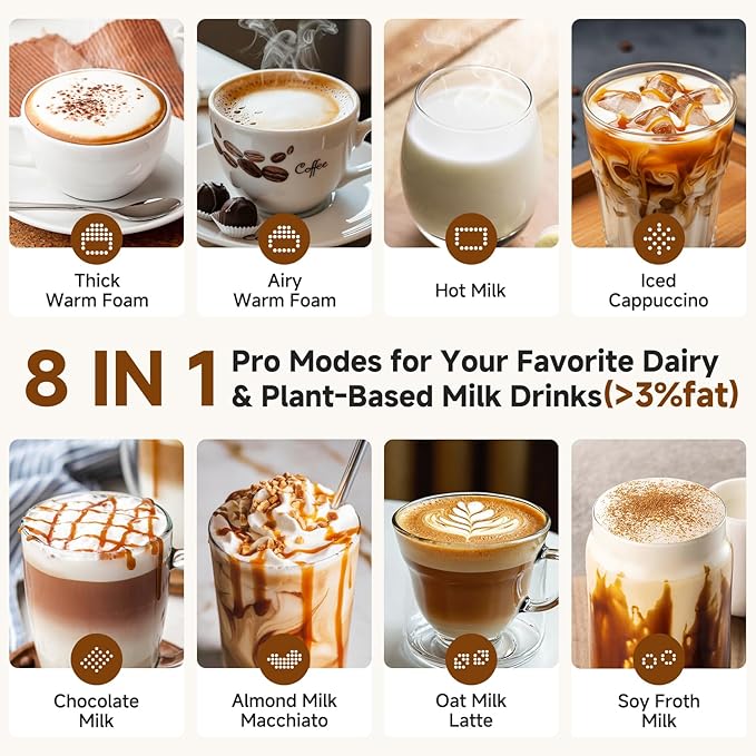 Milk Frother and Steamer [Upgraded], AMZCHEF All-in-1 Detachable Frother for Coffee 600W, Automatic Warm and Cold Foam Maker, Stainless Steel Jug, Dishwasher Safe, LED Display