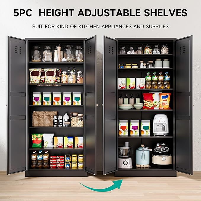 SISESOL Black Storage Cabinet,71" Tall Pantry Cabinet,Kitchen Pantry Storage Cabinets with 2 Doors and 6 Shelves,Wide Deep Metal Food Cupboard for Home,Kitchen,Dining/Living Room
