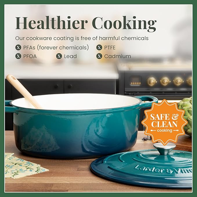 Larder & Vine Enameled Cast Iron 8 qt Dutch Oven Pot with Lid | Bread Baking | Compatible on All Cooktops & Oven Safe to 500° F | Great for Sourdough Bread | Bondi