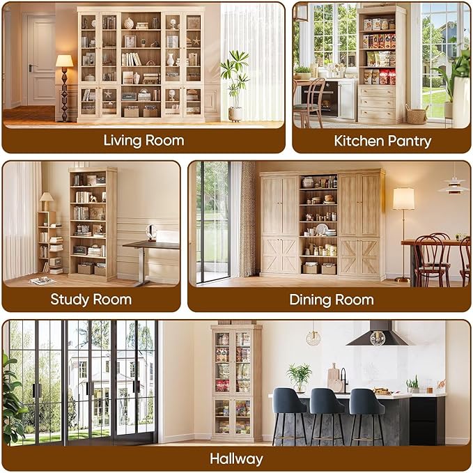 70.8" Tall Brown Bookshelf, Farmhouse Modular Bookcase with 6-Tier Adjustable Shelves, Large Storage Cabinet for Home Office, Living Room, Set of 3