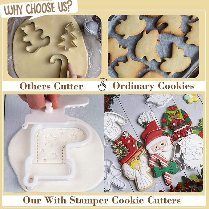 Flycalf Christmas Cookie Cutters Nutcracker Shapes with 3D Stamper Fall Holiday PLA Baking Accessories Cutter Molds Gifts for Kids Decorative Party 3.5" Kitchen Cake Supplies