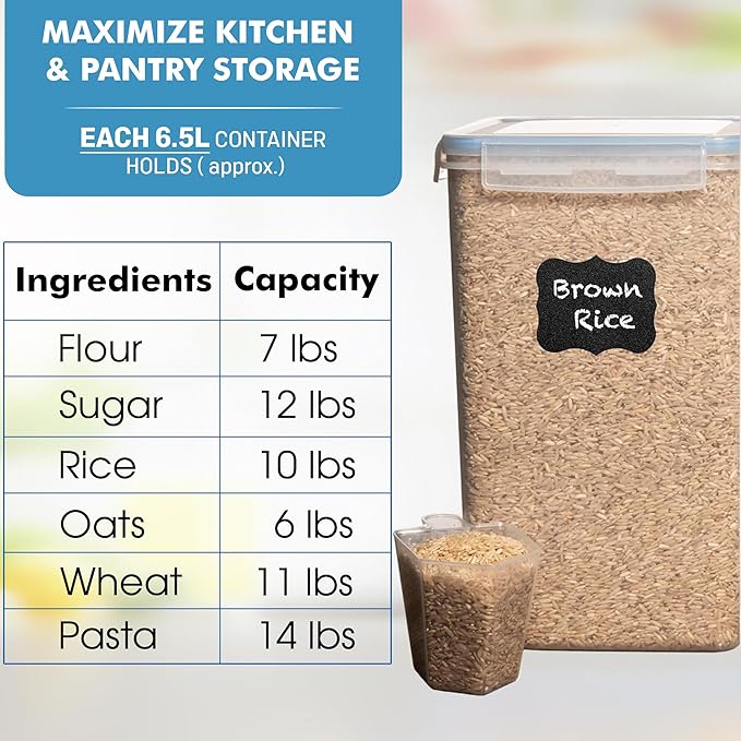 WHITE FEATHER SUPPLIES 2 PC [6.5L / 220 Oz] Large Flour Sugar Storage Containers - Leak Proof, BPA Free, Clear Plastic Food Storage Containers with Lids Airtight - Bulk Storage for Kitchen and Pantry