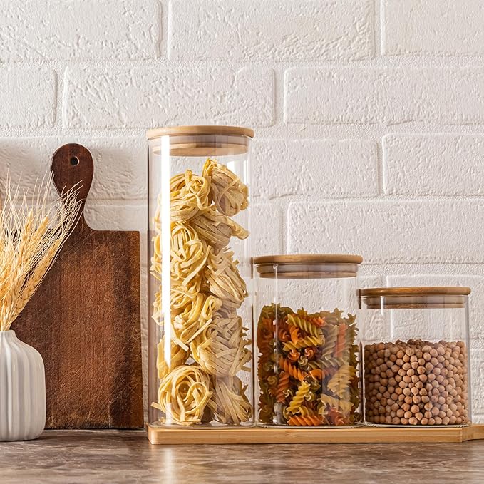 53oz Glass Food Storage Jars, Glass Jars with Bamboo Lids, Kitchen Storage Jars, Set of 4, Canisters with Airtight Lids for Spice, Coffee, Cookie, Pantry Organizers