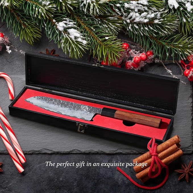 MITSUMOTO SAKARI Santoku Chef Knife 7 inch - Hand Forged Japanese Kitchen Knives, 3-Layer 9CR18MOV High Carbon Steel, Rosewood Handle & Sandalwood Box